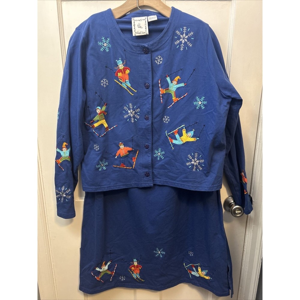 Vintage Michael Simon Women’s XL Skiing Embroidered Cardigan and Skirt SET Blue